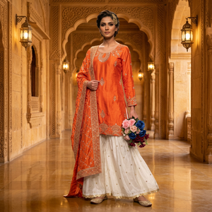 TENNECY Ensemble Sharara Dupatta pour femme, longueur cheville, pour soirée, en soie Chinnon réversible, broderie à sequins 5mm, infroissable et à séchage rapide - Product Image 1