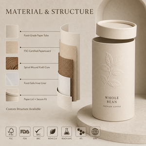 Emballage personnalisé en tube de papier de qualité alimentaire |   Boîte cylindrique en carton kraft FSC pour café, thé, poudre, complément alimentaire, OEM, biodégradable - Product Image 2