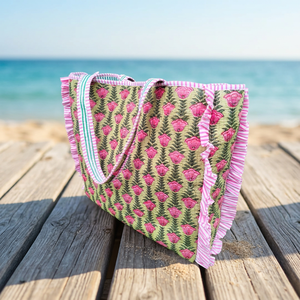 Sac fourre-tout spacieux pour femme, idéal printemps-été, avec fermeture éclair, imprimé bloc, en tissu de coton résistant, couleur unie, tendance - Product Image 1