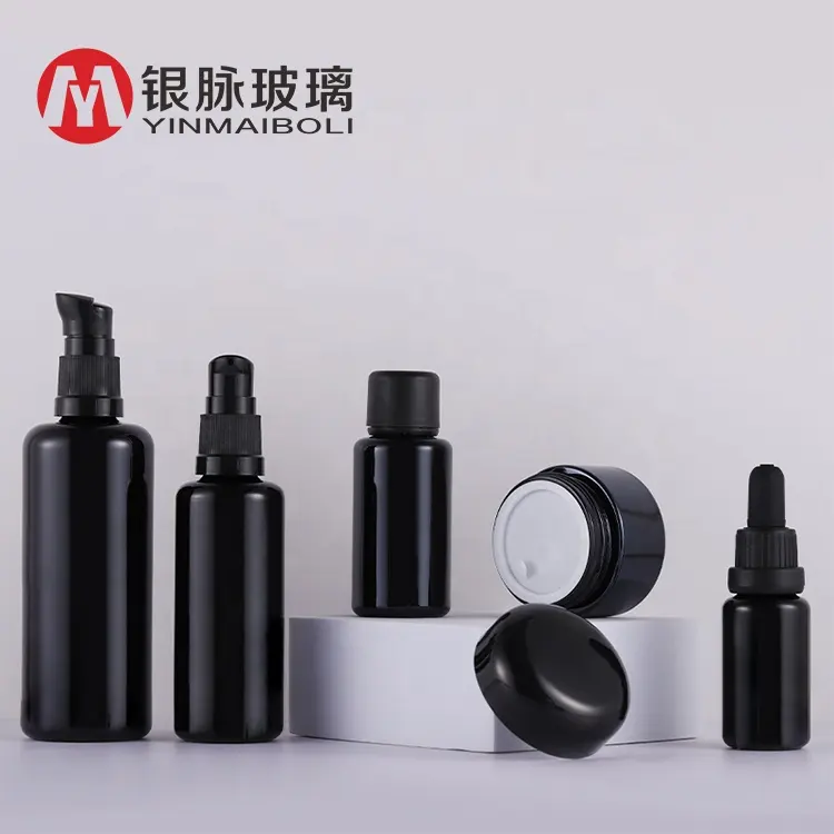 Skincare luxuoso garrafa de loção, frasco de vidro florescido preto para cosméticos e hidratantes, 50ml/100ml