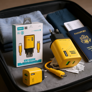 Cargador Rápido de Doble Puerto Ansty Q-034 de 38W Amarillo con Cable C-C y Adaptadores de Viaje - Product Image 2