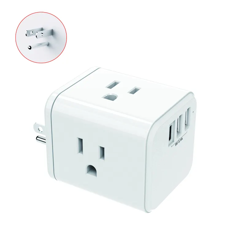 AC Universal Travel Adapter Plugs Electrical Outlets Usa with 2 Usb Ports Sockets 3 Pin White Commercial Wall Socket 15A 125V