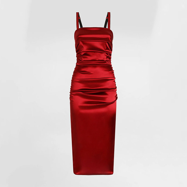 Women Custom Red Satin Ruched Midi Dress Square Neck Wide Strap Bodycon Back Zip Dress