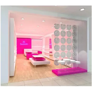 Estante de exhibición de madera y muebles para tienda de zapatos, decoración moderna para venta al por menor, color rosa dulce