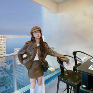 Loveda Wholesale Women Autumn/Winter Fashion Casual Solid Color Breathable Polyester Woven Front <b>Long</b> Sleeve Faux <b>Leather</b> <b>Jacket</b> - Product Image 3