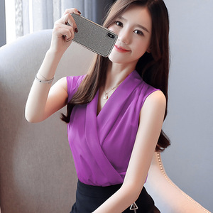 Camicetta estiva <span class=keywords><strong>Chic</strong></span> top <span class=keywords><strong>donna</strong></span> elegante <span class=keywords><strong>Casual</strong></span> in Chiffon incrociato Basic senza maniche camicette da ufficio in raso per <span class=keywords><strong>donna</strong></span> - Product Image 5