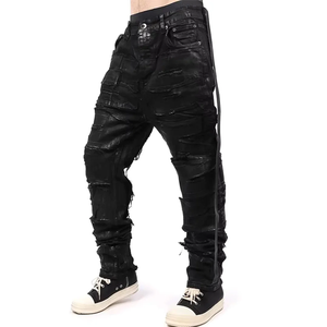 Jean en denim ciré noir pour homme, coupe slim, effet vieilli, patchwork, streetwear avant-gardiste, style punk empilé, pour le <span class=keywords><strong>rock</strong></span> gothique - Product Image 2