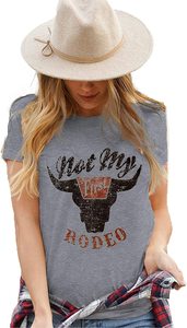 Western Vintage Bull Head HOWDY WALLEN RODEO Imprimé à manches courtes O Neck Tee Shirts Tops - Product Image 6