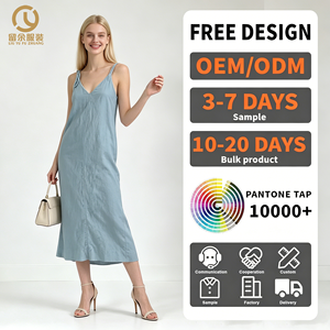 Abito Lungo da Donna in Lino Stile Retrò, Nuovo Modello Personalizzato con Scollo a V e Spalline Sottili, Vestito Casual Ampio da Spiaggia, Tinta Unita Naturale OEM - Product Image 1