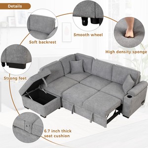 Modern Three Seat Fabric Convertible <b>Sofa</b> <b>Bed</b> Pull-Out Function 2-in-1 L-Shape <b>Storage</b> Ottoman Villa Living Room Bedroom Hotel - Product Image 3