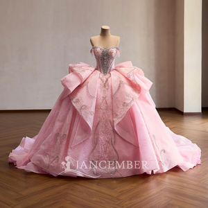 261107 Princess Shoulder Lace Sweetheart Neck Pink Rhinestone <b>Crystal</b> Ball Gown Party Quinceanera <b>Dress</b> Bow Beading Appliques - Product Image 2