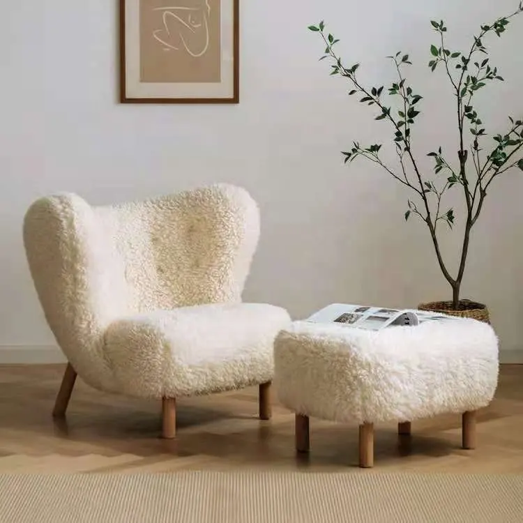 Modern Lounge Chair White Accent Chair Leisure Chair with Ottoman Boucle Fabric Bedroom Hotel Lobby Living Room Club Teddy Wool