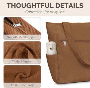 Sac fourre-tout élégant en velours côtelé grande capacité pour femme avec poches zippées et broderies, idéal pour le quotidien, les voyages d'été et la salle de sport - Product Image 4