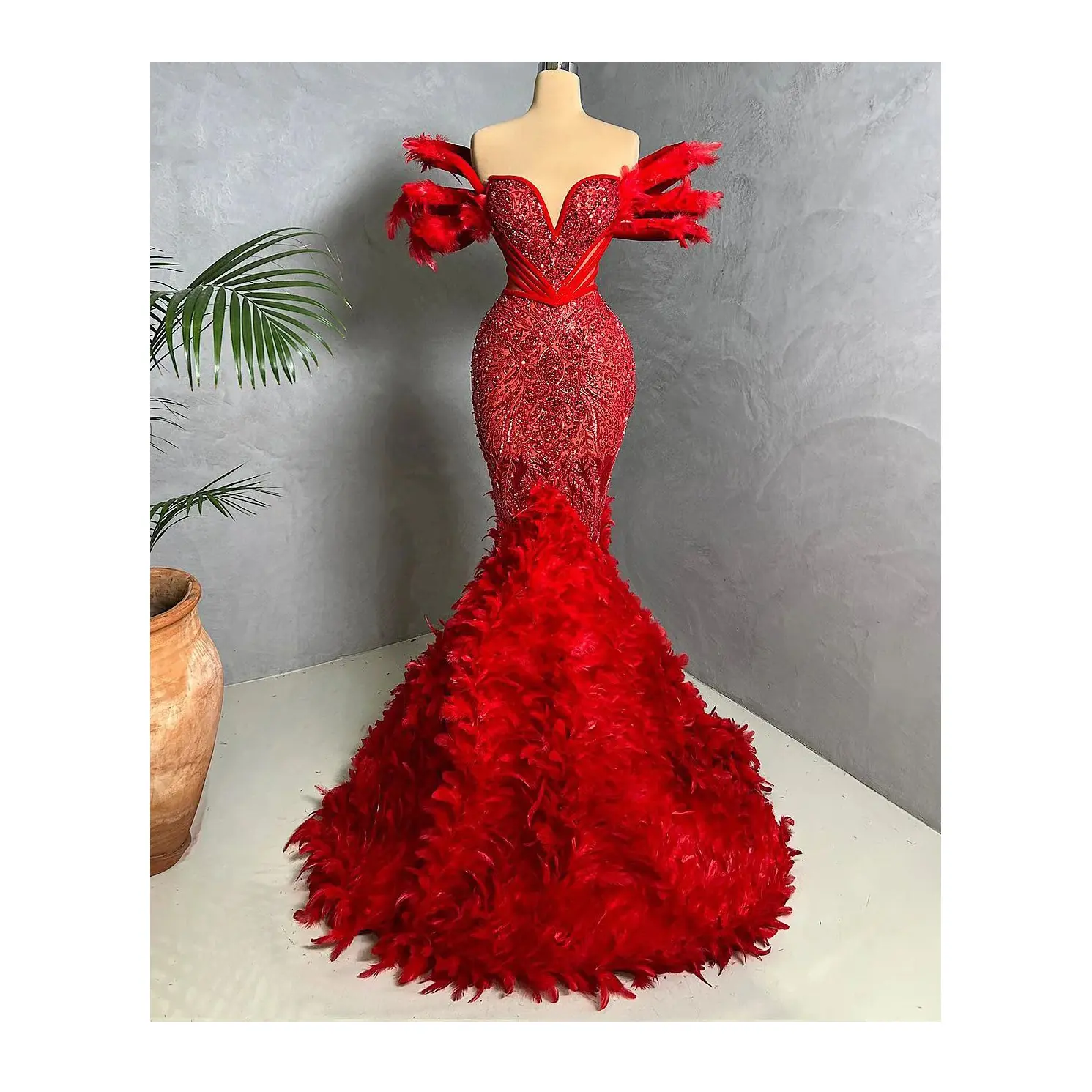 V-Neck Red Feather Shoulder Long Prom Dress High Quality Fashion Women's Party Dress