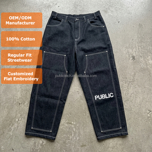 Clothes Manufacturer Custom Embroidery Logo Multi-Pocket Cotton Jeans Straight Leg Contrasting <b>Stitching</b> Cargo Men's Denim Pants - Product Image 1