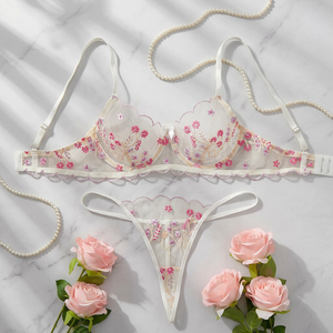 Wholesale Floral Embroidery Lace Lingerie <b>Set</b> <b>Sexy</b> Sheer Mesh Underwire Bra and Thong Panties <b>Set</b> 2 Piece Romantic Intimates <b>Set</b> - Product Image 1