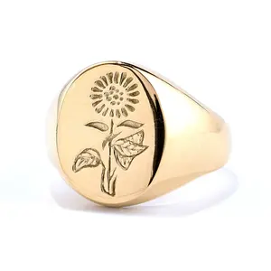 Venta al por mayor joyería sin deslustre anillo de sello de girasol personalizado minimalista chapado en oro anillo grabado de acero inoxidable - Product Image 6
