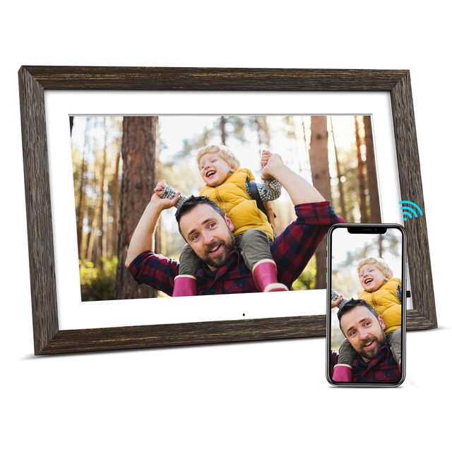 10.1 Inch HD Wood Digital Picture Frame with Cloud WiFi Displays Ads Videos and Photos Anywhere Video Playback Function