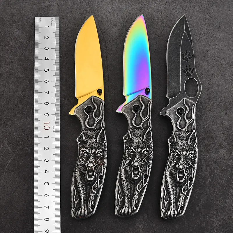 Invisible Preto Cinza Handle com cor diferente Blade Relief Animal selvagem Lone Wolf padrão 3,5 "Impresso Lâmina faca de bolso