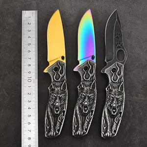 Pisau saku pisau cetak 3.5 "pola serigala Lone hewan liar Relief pisau warna yang berbeda pegangan abu-abu hitam tak terlihat