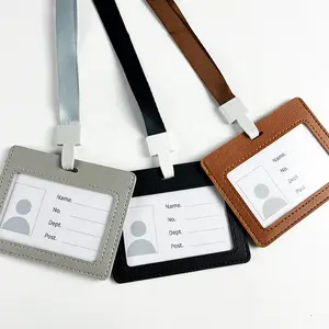 Insignia de cuero Pu para tarjeta de identificación de empleado, con cuerda del mismo color y ventana transparente de PVC