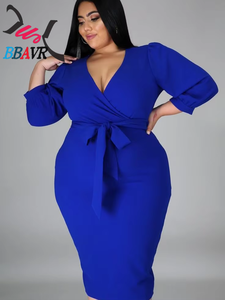Robes pour femmes grandes tailles, couleur unie, sexy, col en V, tendance automne, vêtements pour femmes en surtaille, vente chaude - Product Image 2