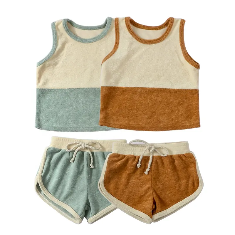 Hot Sale Terry Baby Clothes Sets Contrast Color Fashion Kids Girl Sleeveless Clothing Outfit