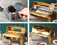 Unité de service de buffet commerciale de luxe avec charnière hydraulique, couvercle roulant, design néerlandais, chauffe-plats premium en acier inoxydable doré 9L