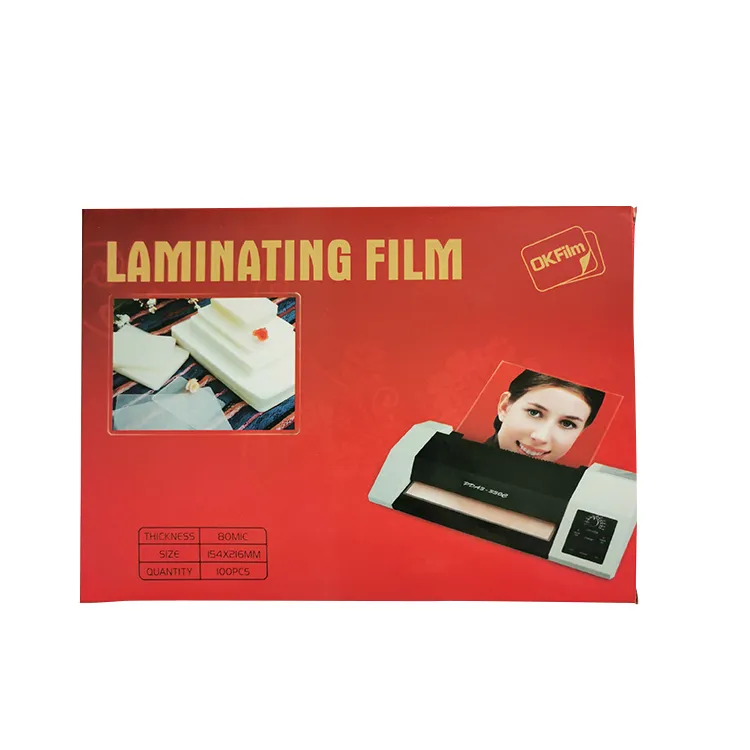 Hot Double Sided Laminating Pouch Film Pet Eva High Glossy A5 Size 80mic cancelleria scatola di cartone pellicola termica in Pvc trasparente Rohs