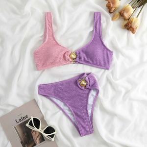 Maillot de bain femme : Ensemble bikini bandeau à taille haute, push-up, style coquille, pour la plage - Product Image 5