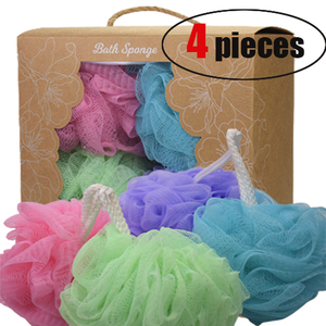 Bán Buôn 4 Gói Vòi Hoa Sen Puff Loofah Tắm Bọt Biển Đặt Cơ Thể Màu Trơn Scrubber Loofah <span class=keywords><strong>Sponge</strong></span> Với Hộp Carton - Product Image 1