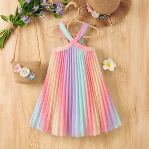 Sommerkleid für Babys ab 6 Monaten, Lässige Baumwollkleidung mit Knöpfen, Lebhaftes Regenbogen-Design, Plissierter Rock, Wellenförmiger Kragen, Prinzessinnenkleid in Knielänge - Product Image 1