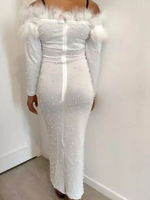 Neue Damen Elegante Blasen perlen Feder perlen Einteiliges Kleid Langer Maxi Formeller Verband INS Style XS Größe