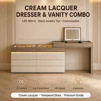 Commode à bijoux moderne laquée crème, directement de l'usine, avec miroir de vanité, plateau en verre, éclairage LED et panneau écologique pour chambre à coucher