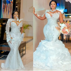 Robes de mariée sirène arabes blanches Aso Ebi avec traîne détachable, manches longues scintillantes, cristaux perlés, robes de mariée grande taille - Product Image 5