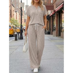 Ensemble de détente 2 pièces FOXA pour femme – Haut tricoté à manches courtes et col en V, tenue décontractée d'été, pyjama respirant - Product Image 2