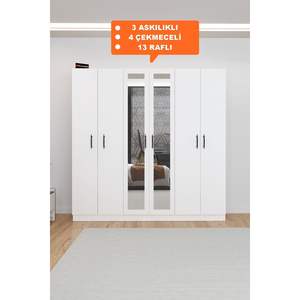 Armoire de chambre moderne blanche à 6 portes KALE avec miroir, 4 tiroirs et 13 étagères, rangement pliable en tissu MDF - Product Image 4