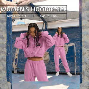 ชุดเสื้อมีฮู้ดแบบหูรูดและกางเกงขายาวของผู้หญิงกางเกงวอร์มมีฮู้ดพร้อมกระเป๋าจิงโจ้และความยาวสั้น - Product Image 2