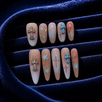 Faux Ongles de Luxe Faits Main à Presser, Dégradé Bleu Éthéré, Breloques Croix Argentées Vintage, Design Étoile 3D, Réutilisables, Vente en Gros