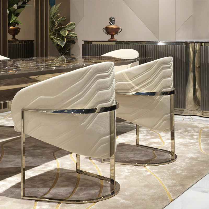 Горячая Распродажа, стул, обеденный стул, современный роскошный золотой обеденный стул из нержавеющей стали с металлическими дужками и бежевой кожей