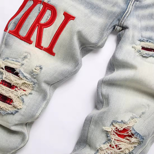 Factory Wholesale Customized Brand Logo High Quality Amiriy Distressed Patch Embroidered Stretch Skinny <b>Jeans</b> for Men - Product Image 4