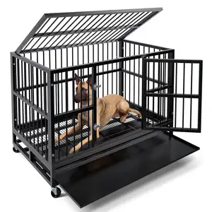 Casa de jaula para perros con diseño plegable para interiores y exteriores, fácil de mover, casa de jaula para perros con ruedas y bandeja extraíble