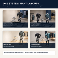 Base de présentation pour mannequin de vitrine avec cadre finition or et plateformes effet bois foncé pour vêtements et chaussures