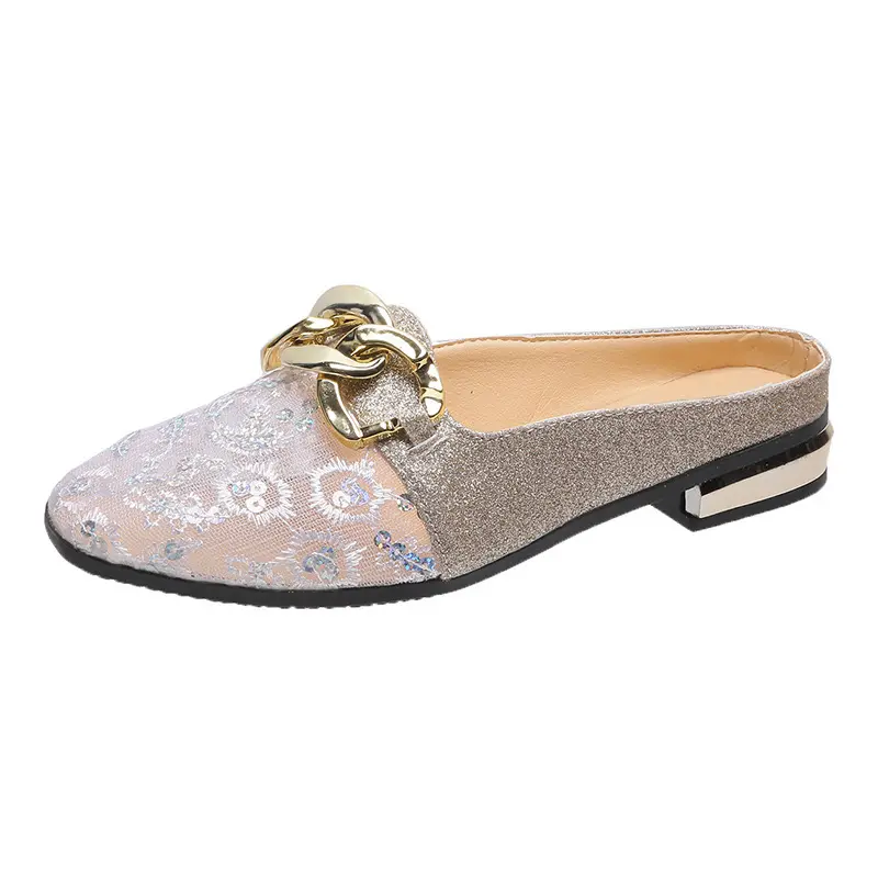 StepGrace vente en gros femmes de luxe mode chaîne en métal chaussures plates de marche chaussures de mariage décontracté en plein air sans lacet sandales pour femmes chaussures plates