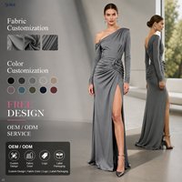 Maßgeschneidertes Damenkleid in Grau aus Spandex-Polyester mit V-Ausschnitt, One-Shoulder-Design, Langen Ärmeln, Geraffter Taille, Rosetten-Rücken und Hohem Schlitz für Formelle Anlässe
