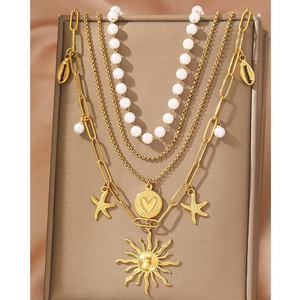 Nouveau Collier Tendance en Acier Inoxydable avec Chaîne à Maillons, Style Mode, Étoile de Mer et Tournesol, Accessoire de Bijouterie - Product Image 1