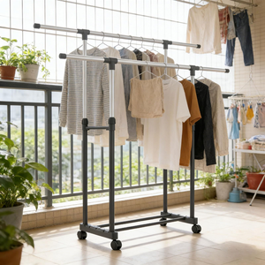 Stainless Steel Height Adjustable Clothes Rack Double Pole Clothes Organizer Floor Stand Lifting Cloth Rack with 4 Wheels - Product Image 5