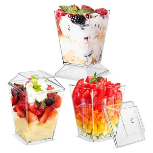 5.5oz 160ml Hot Sale Low Price Plastic Clear Square Ice Cream Dessert Cups with Lids and Spoons