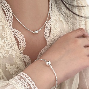 S925 Sterling Silver <b>Ball</b> Clavicle Chain Necklace <b>Bracelet</b> Set Minimalist Design Everyday Wear Fine Chains Jewelry - Product Image 1