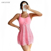AMCLEVER 2026 Maillot de bain une pièce amincissant et modeste pour femme, couleur unie, push-up, avec dentelle et jupe transparente, logo personnalisé OME